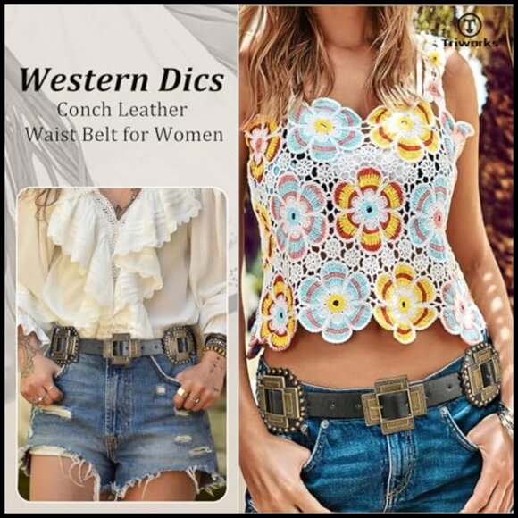 Western Concho Leather Belt Chunky Boho Cowgirl Festival Concert Adjustable main image 5